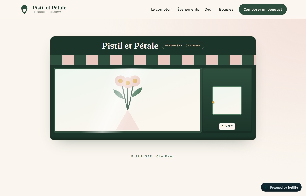 Capture d'écran de la page d'accueil de Pistil et Pétale